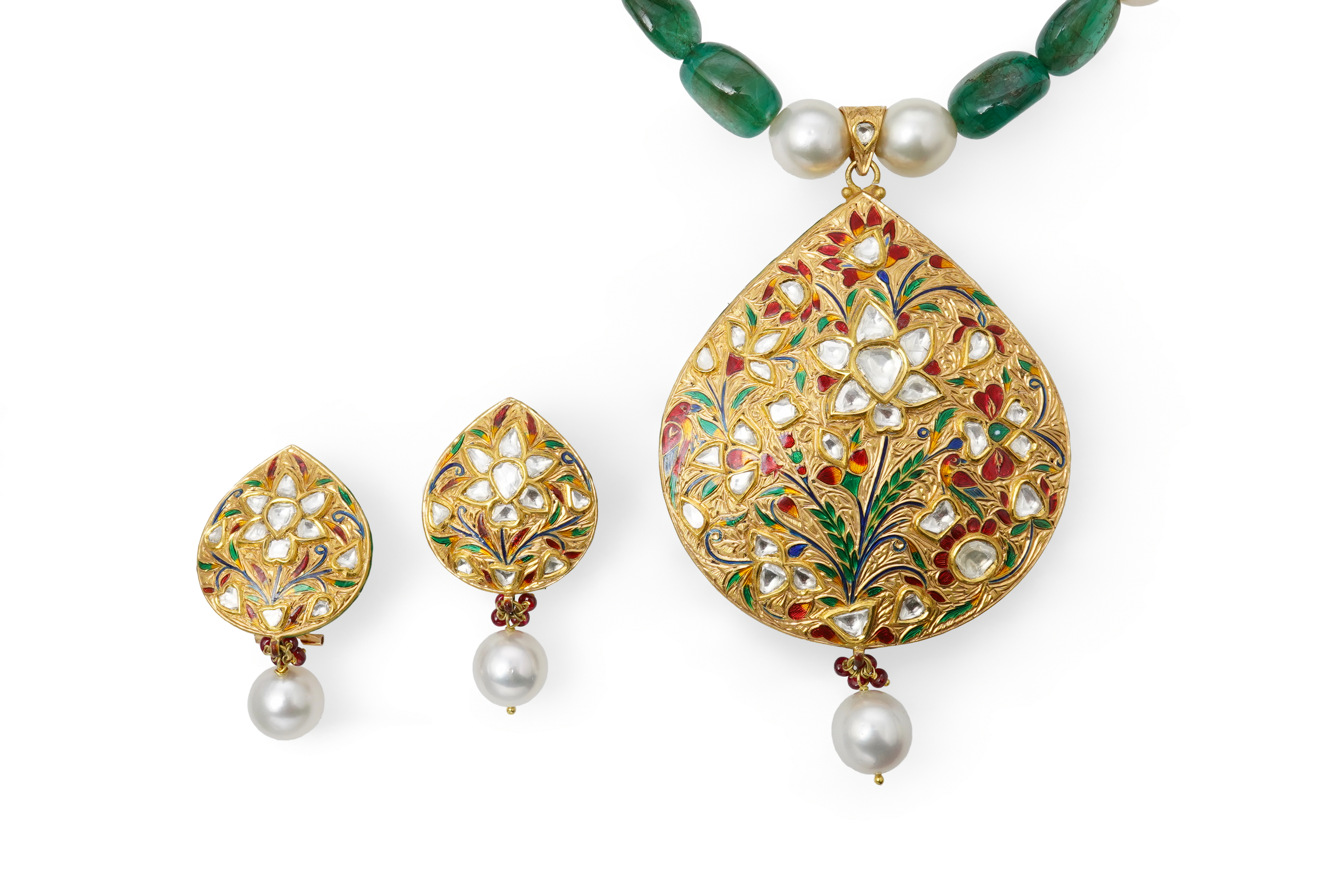 An emerald, ruby, enamel, cultured pearl and diamond demi-parure, India